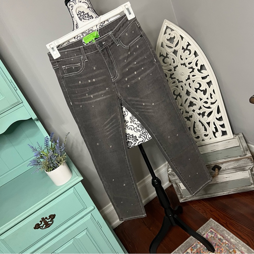 Free People x Sandrine Rose Polka Grey Medium Skinny Jean Size 26 NWT Boho - Picture 3 of 16